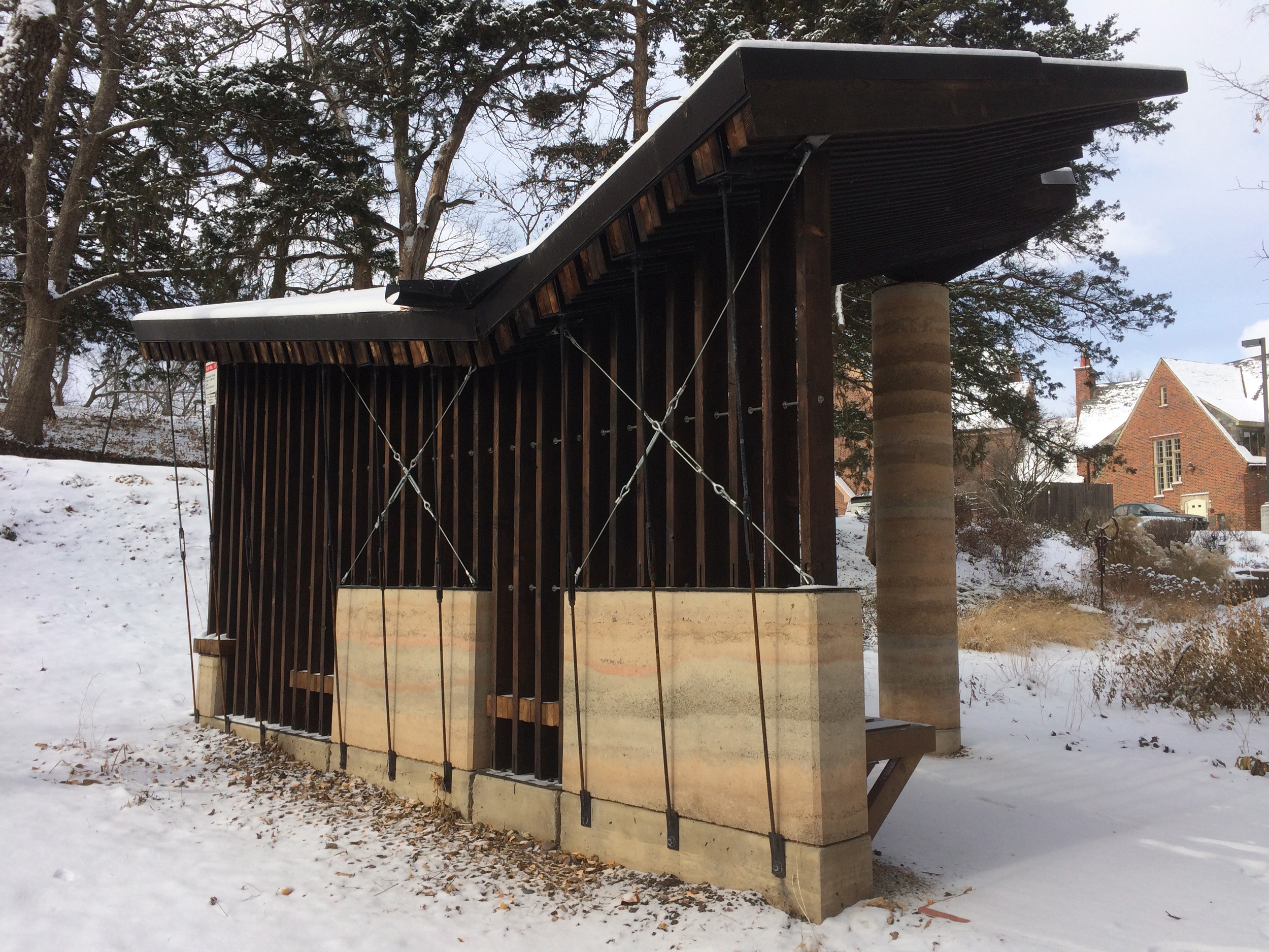 Sensory Pavilion, from behind the pavilion, in the snow
