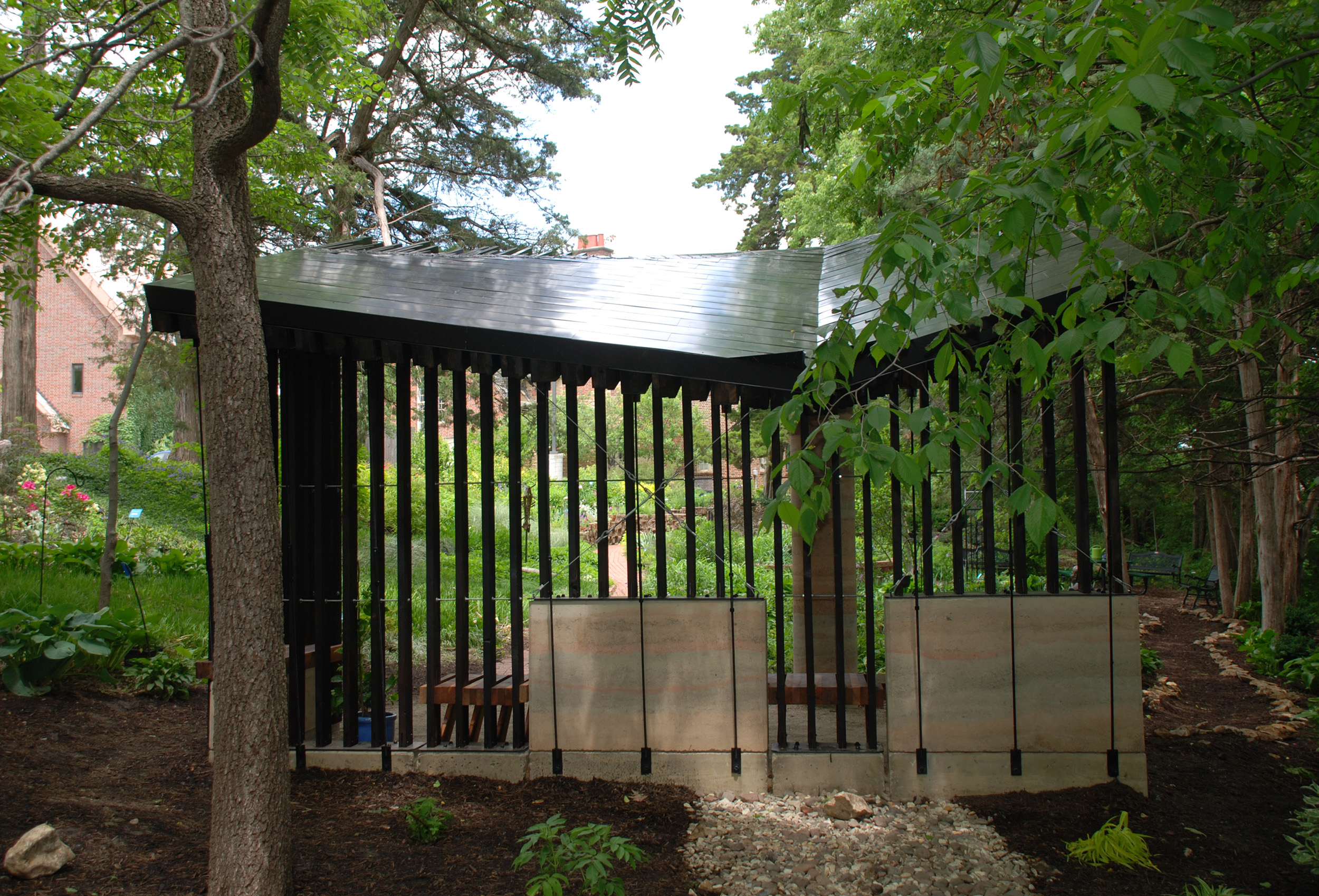 Sensory Pavilion, from behind the pavilion, with steel ties resisting the roof cantilever