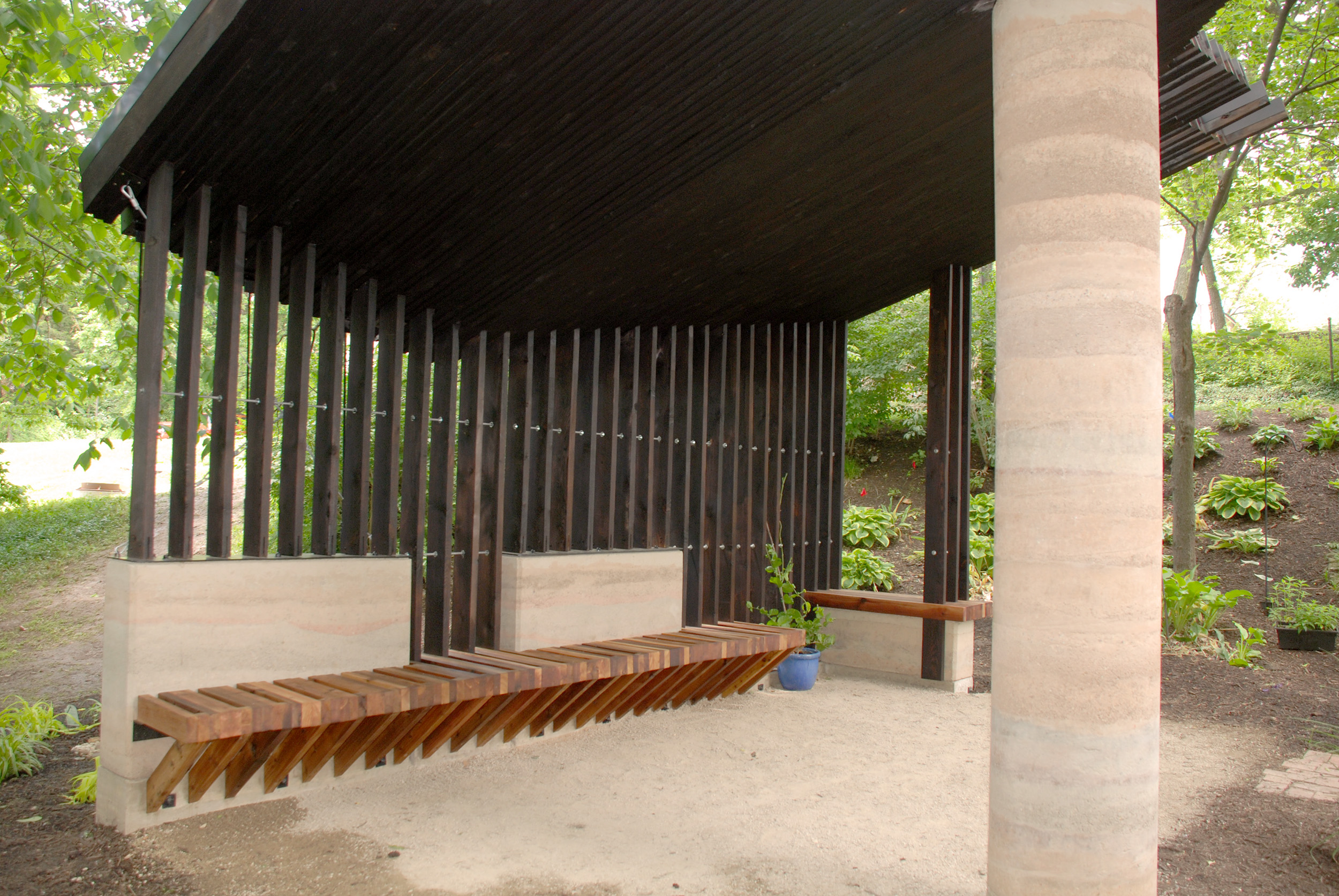Sensory Pavilion, a mass timber canopy, with shou sugi ban finish