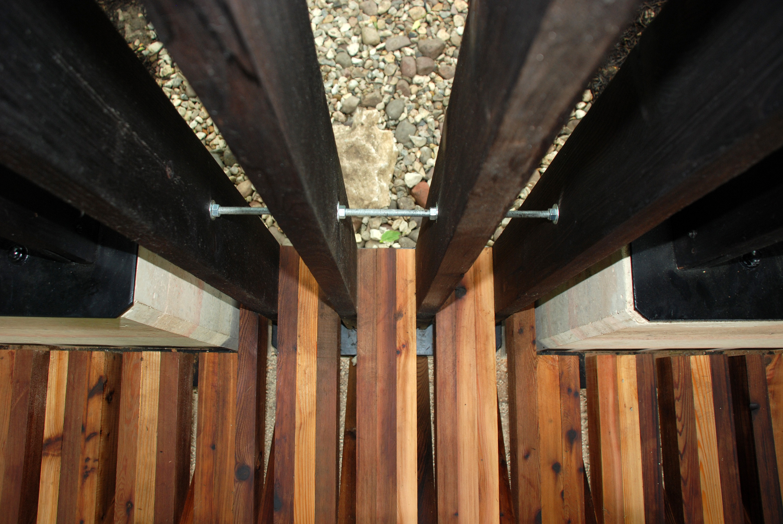 Sensory Pavilion, a detail of the connection between timber screen and timber bench