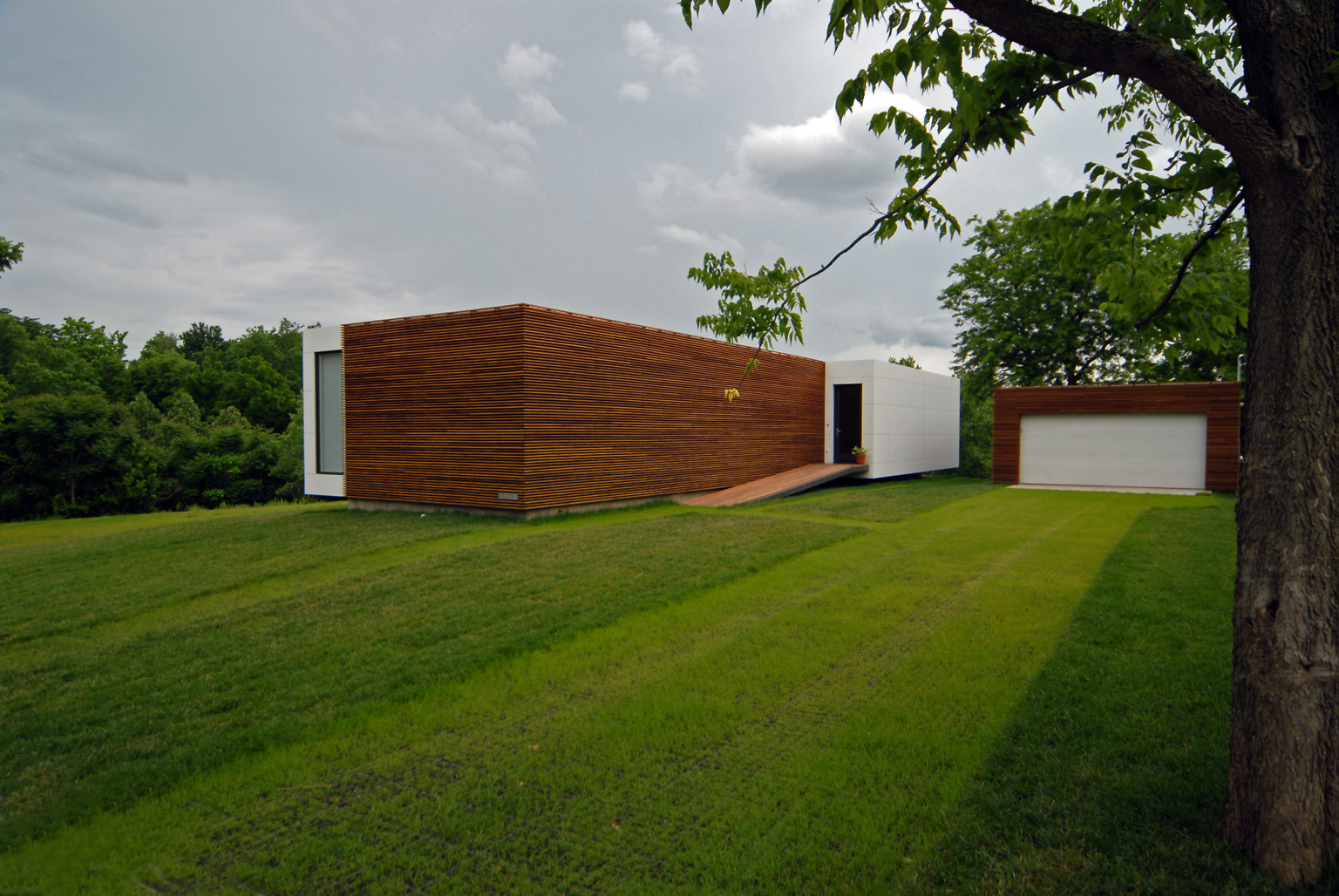 Modern house with horizontal slats of wood