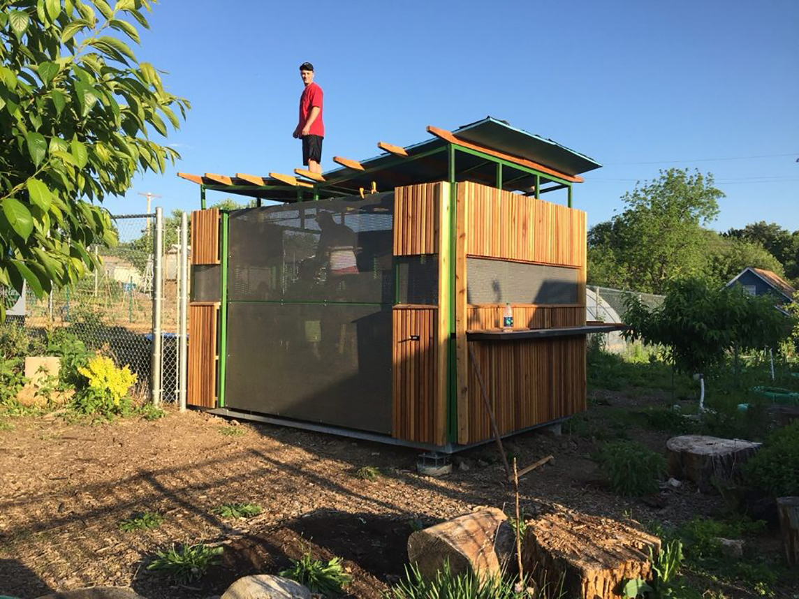 student standing on the roof of the garden shed during construction