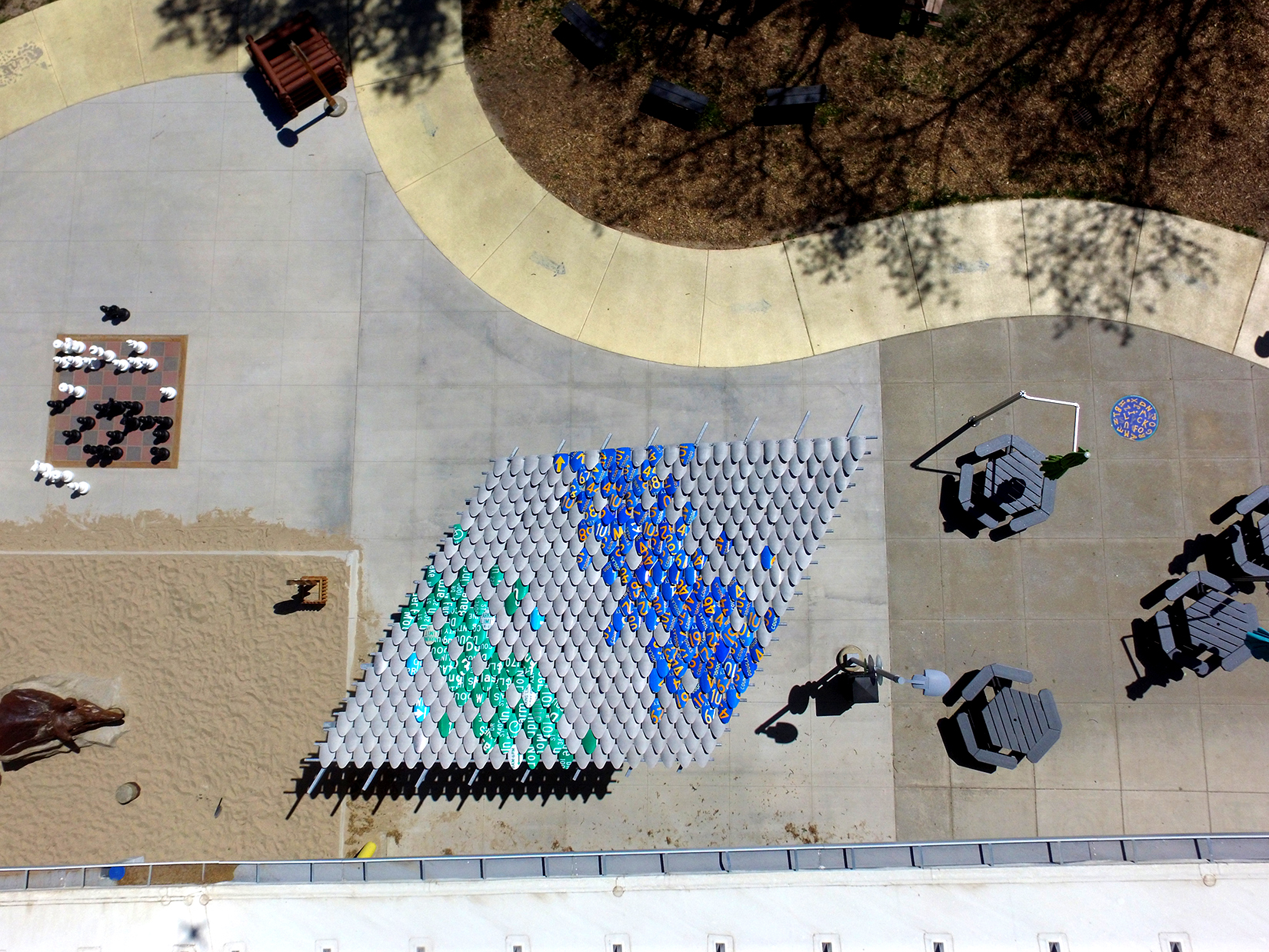 aerial view of patio and pavilion roof