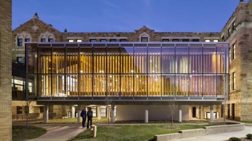 all glass modern addition to historic campus building